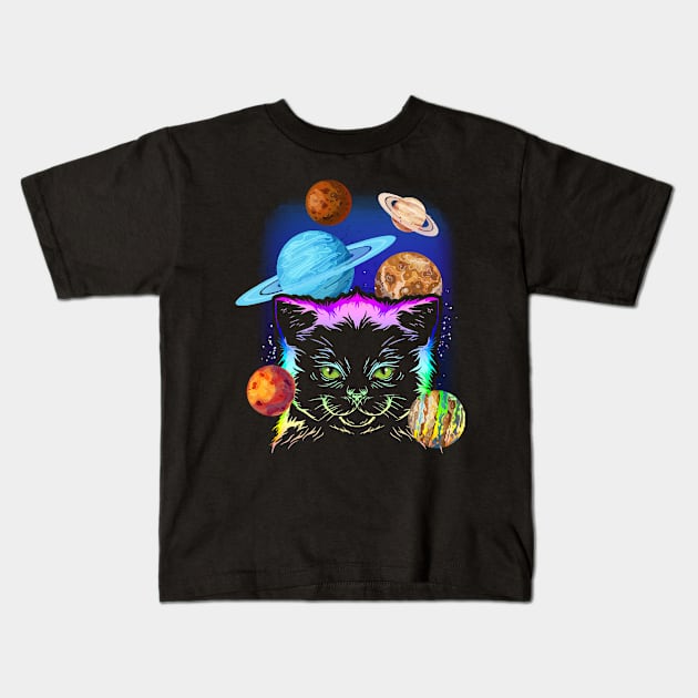 Cat Owner Galaxy Planets Kids T-Shirt by cymbelinegensel1048